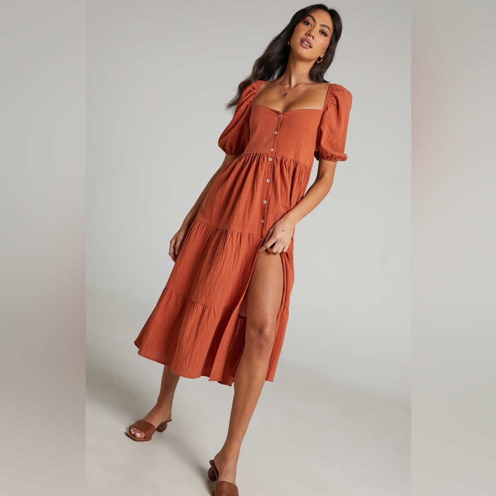 PALMER MIDI DRESS - SWEETHEART PUFF SLEEVE DRESS IN RUST